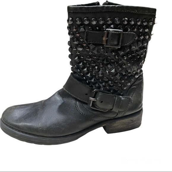 Steve Madden Leather Distressed Rugged Studded Buckle Moto Boots Size 8 - Picture 7 of 8